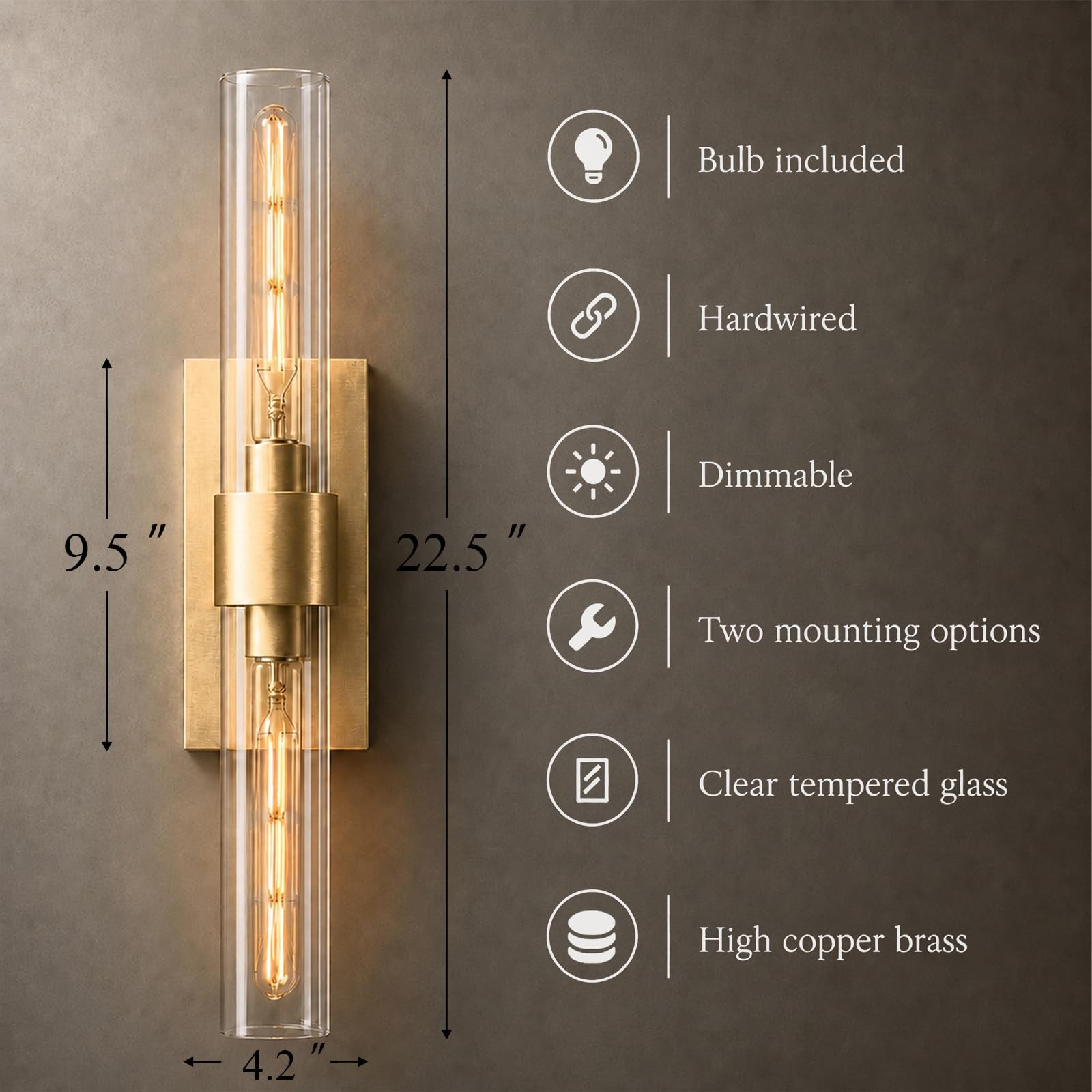 ** NEW Hardwired Brushed Brass Wall Sconce | Dimmable | 2 E26 Bulbs Included