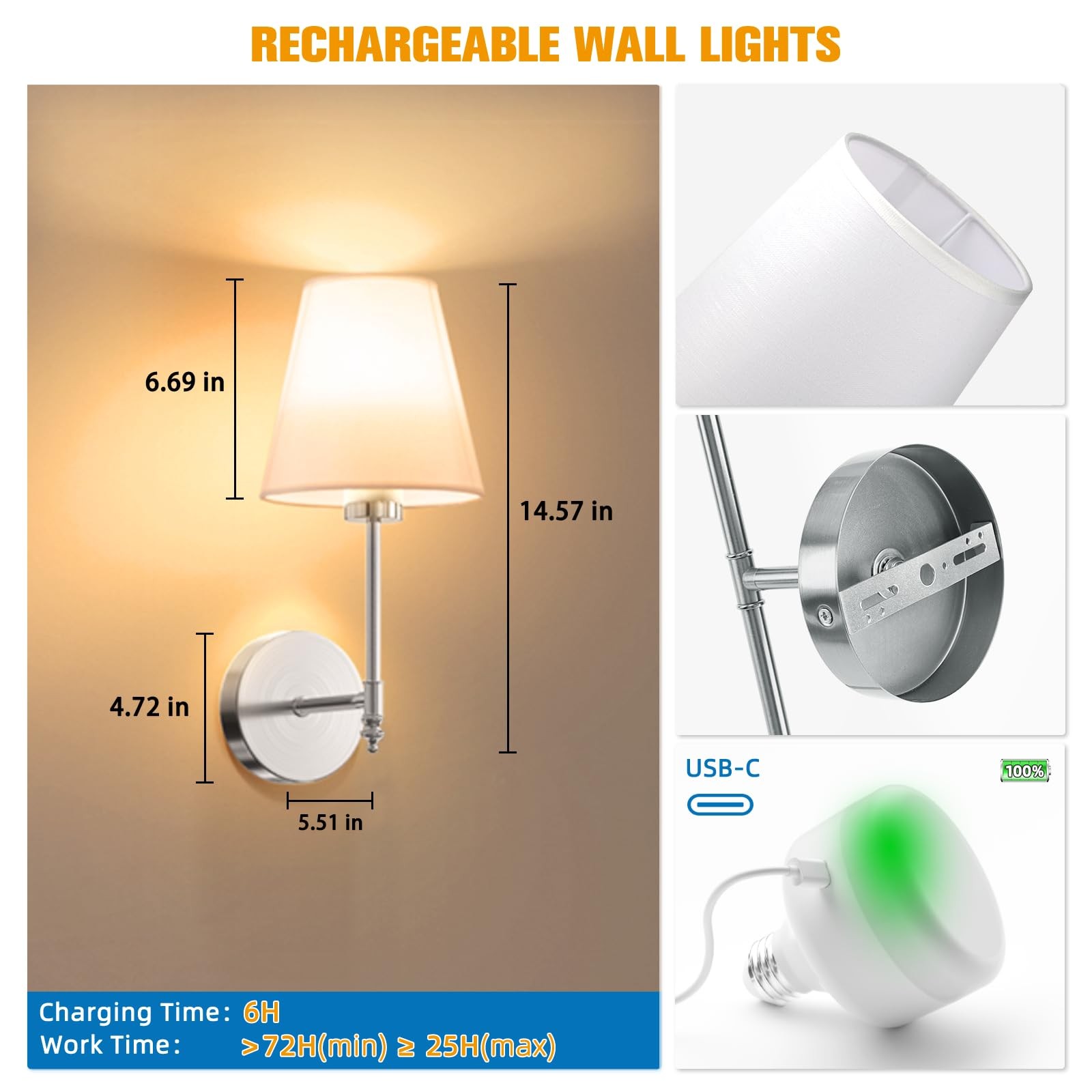 14.5 inch Battery Operated Wall Sconce Set of 2,Brushed Nickel Rechargeable W…