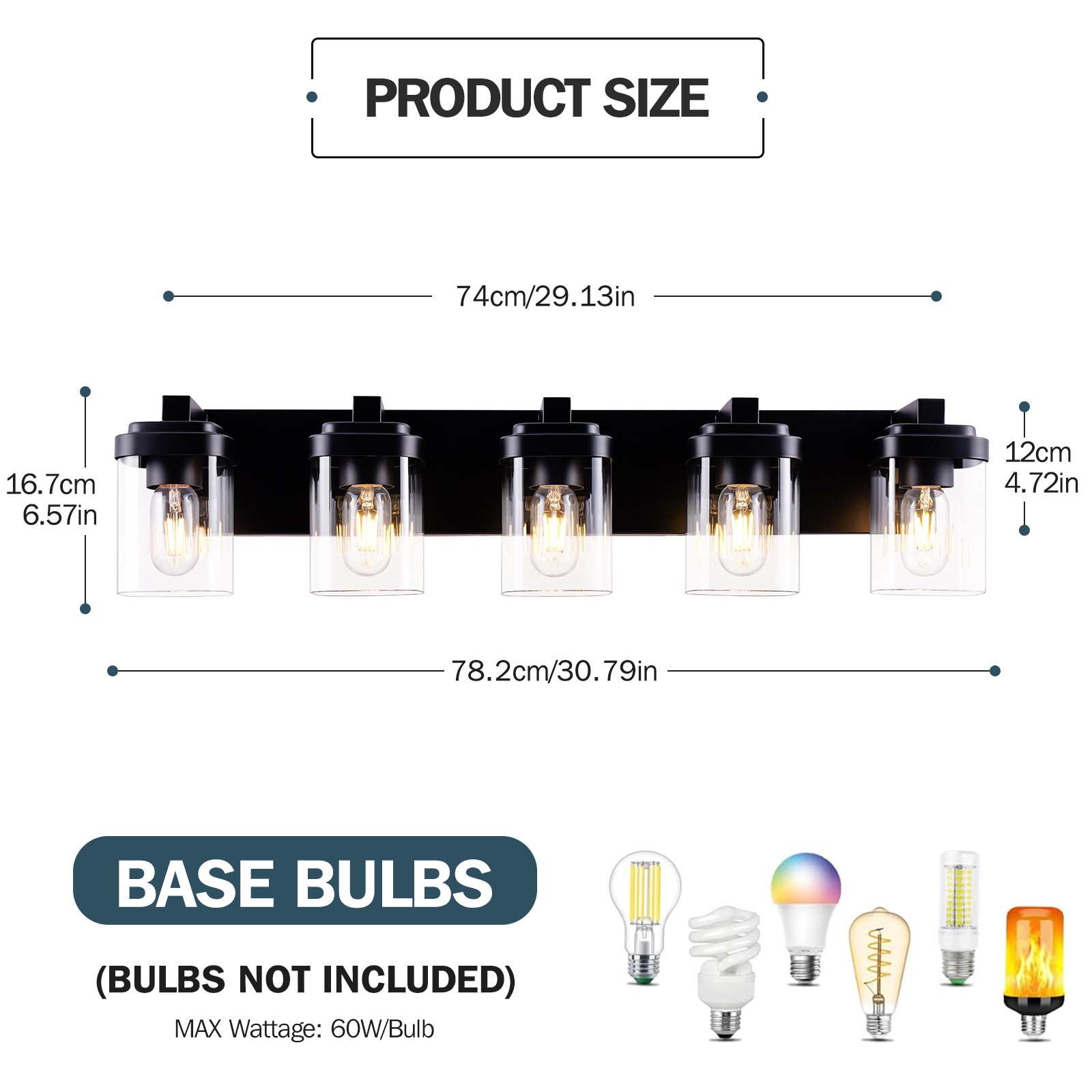 31» Vanity 5 Light LED Square Glass for Bathroom Over Mirror Wall Black Fixture