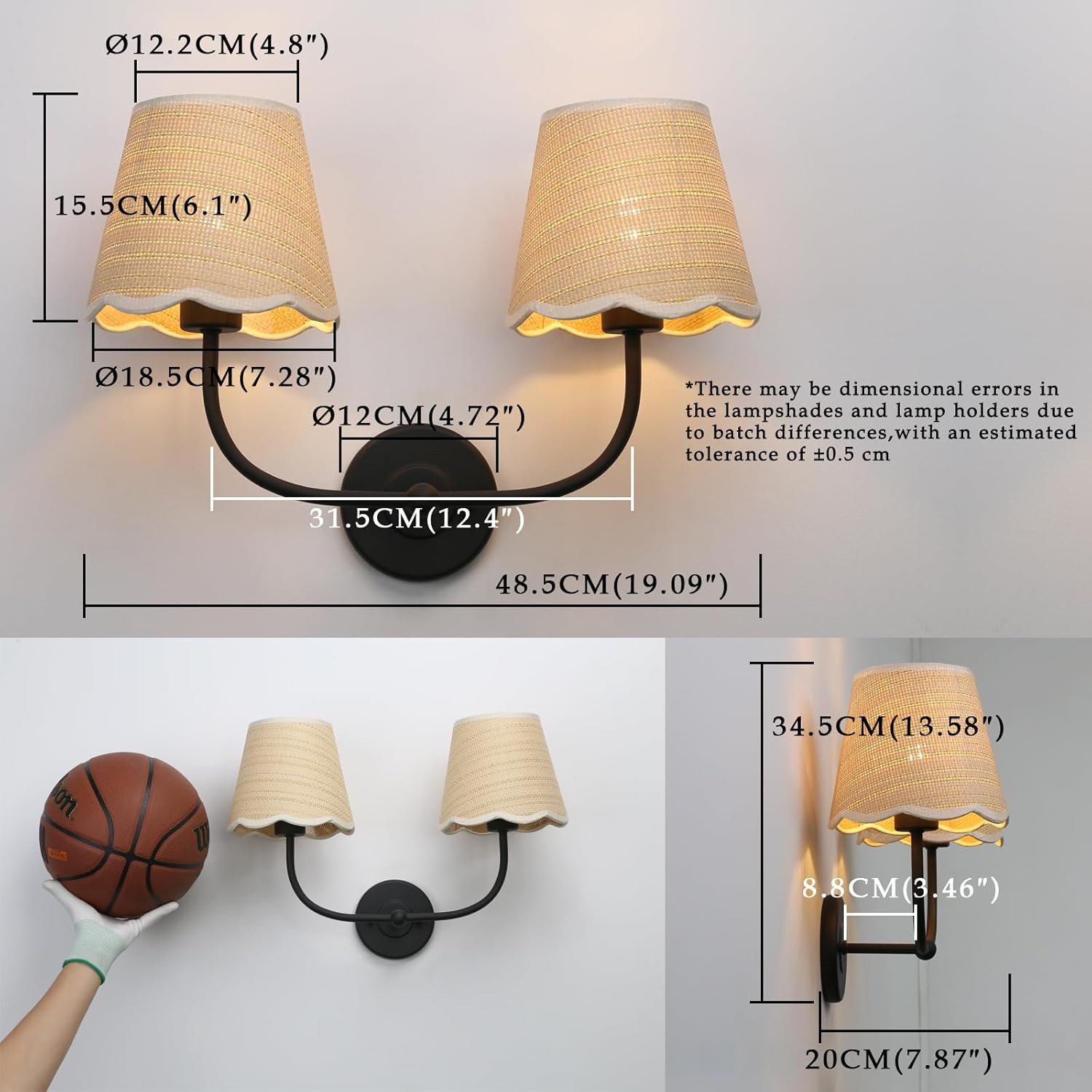 Vintage Industrial Wall Sconce, Boho Rattan Shade, Black Two-Light Lamp