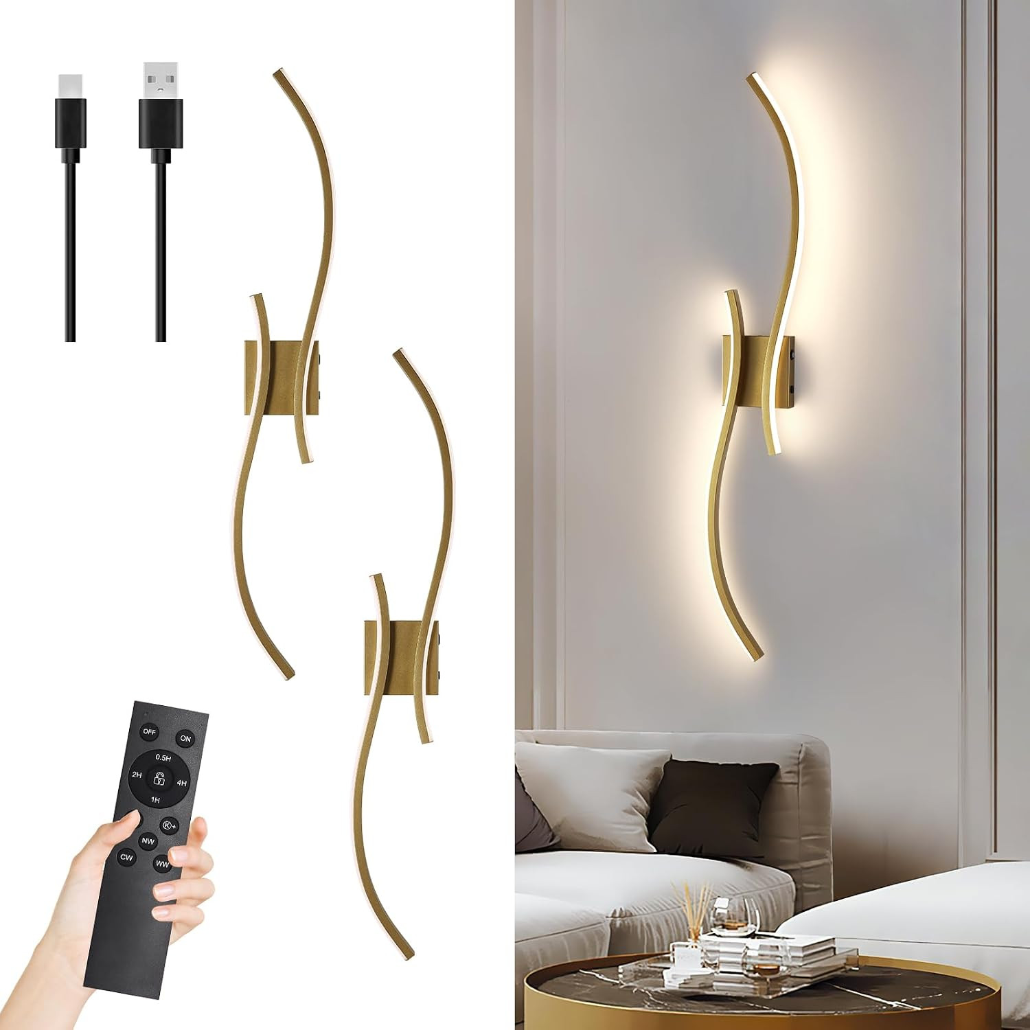 Modern 40″ Gold Battery Operated Wall Sconces with Remote – 2 Pack