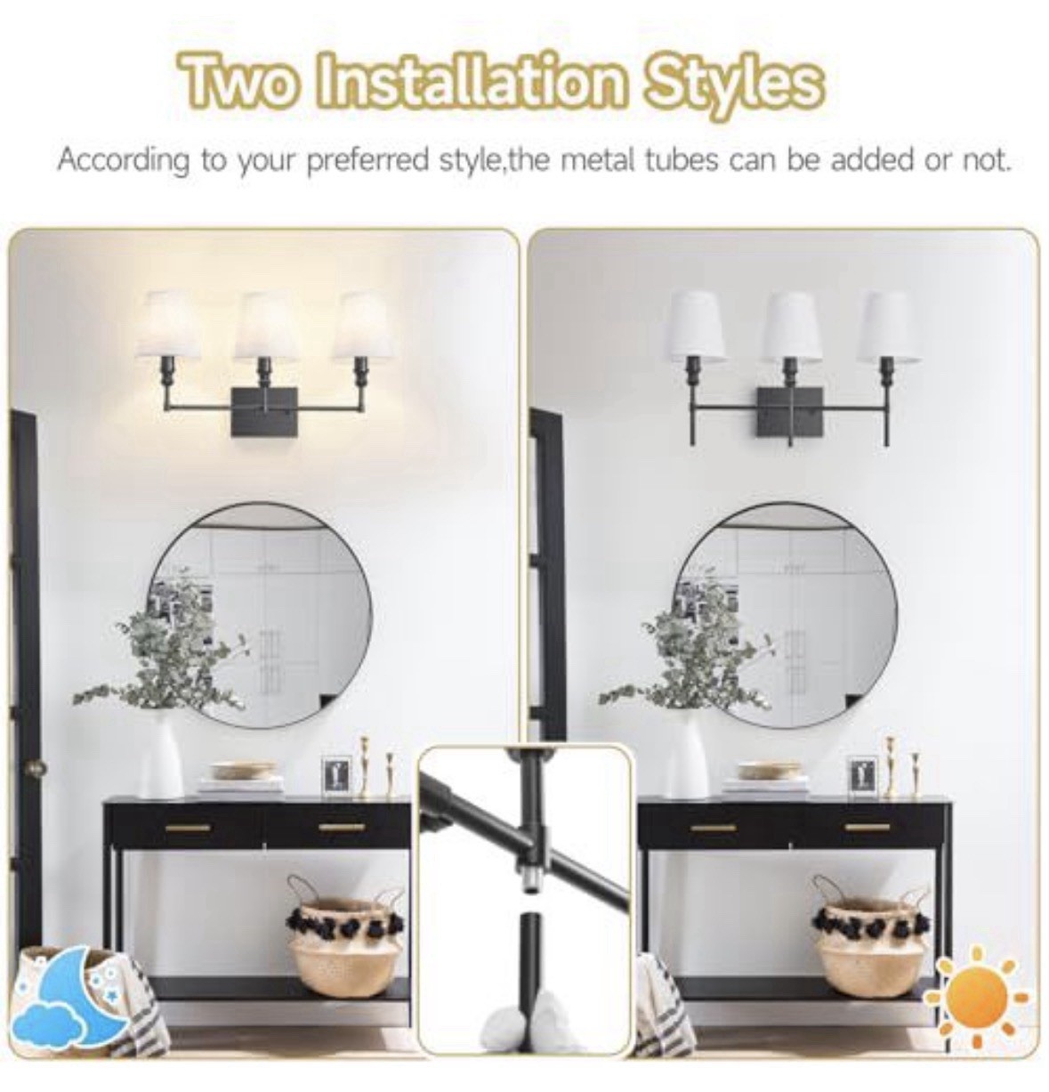3 LIGHT BLACK BATHROOM VANITY LIGHT WHITE FABRIC SHADES WALL SCONCE NEW
