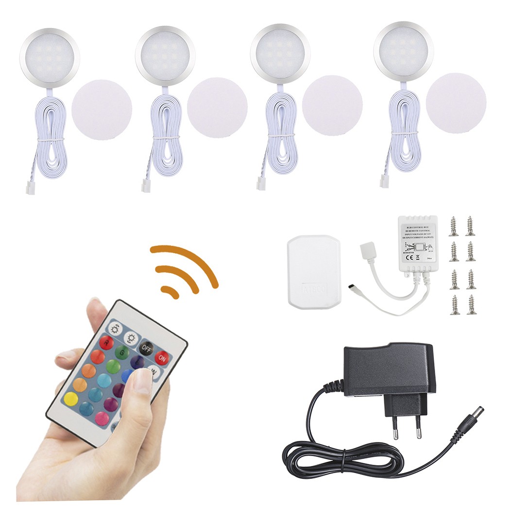 4PCS Slim Round Shape RGB LED Under Cabinet Light Kit SMD5050 Puck Lamp Col HESA