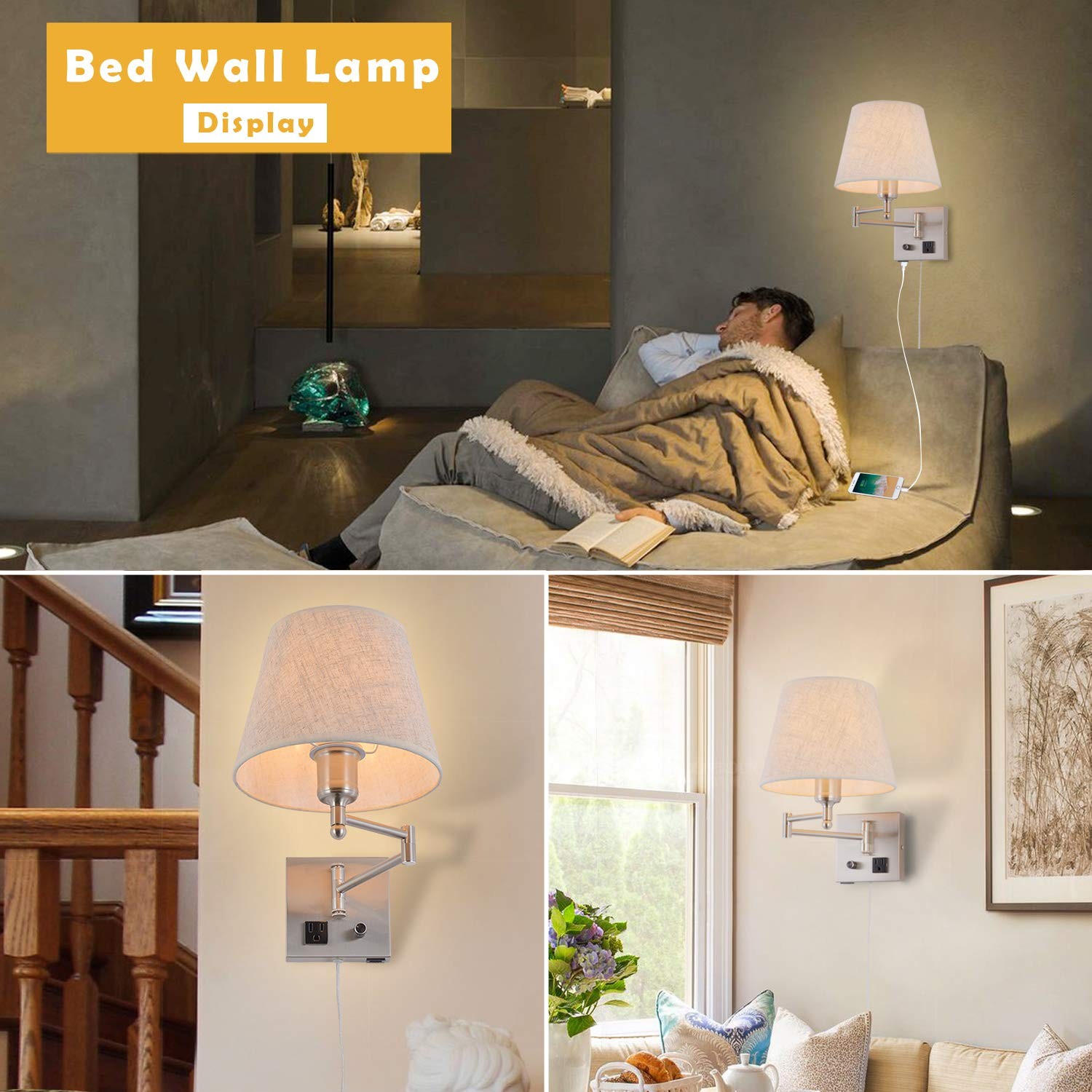 Bedside Wall Mount Light with Dimmable Switch and Outlet, Swing Arm Fabric Sh…