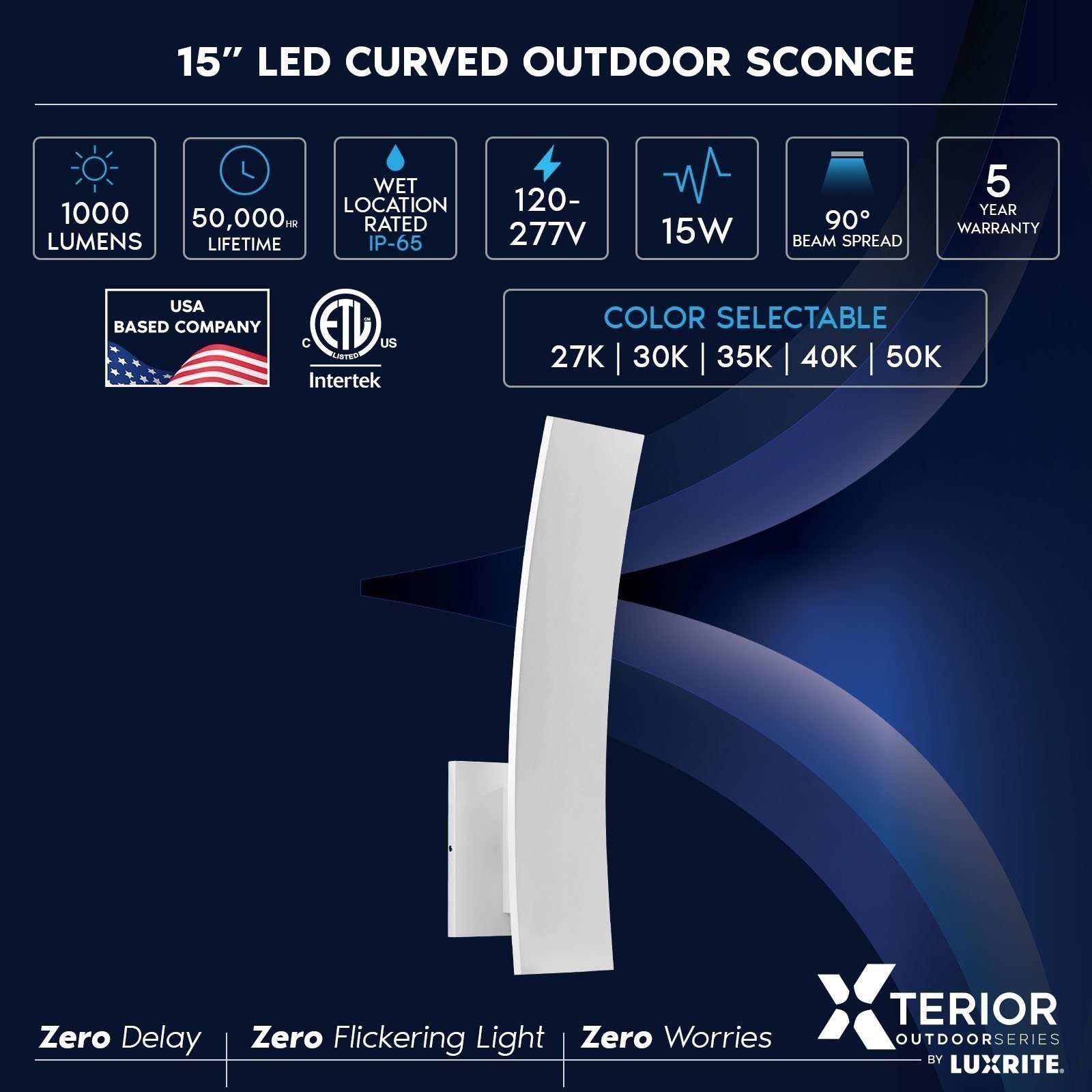 LUXRITE 15-Inch LED Curved Wall Sconce 5CCT, 1000LM, 15W IP65 Dimmable ETL White