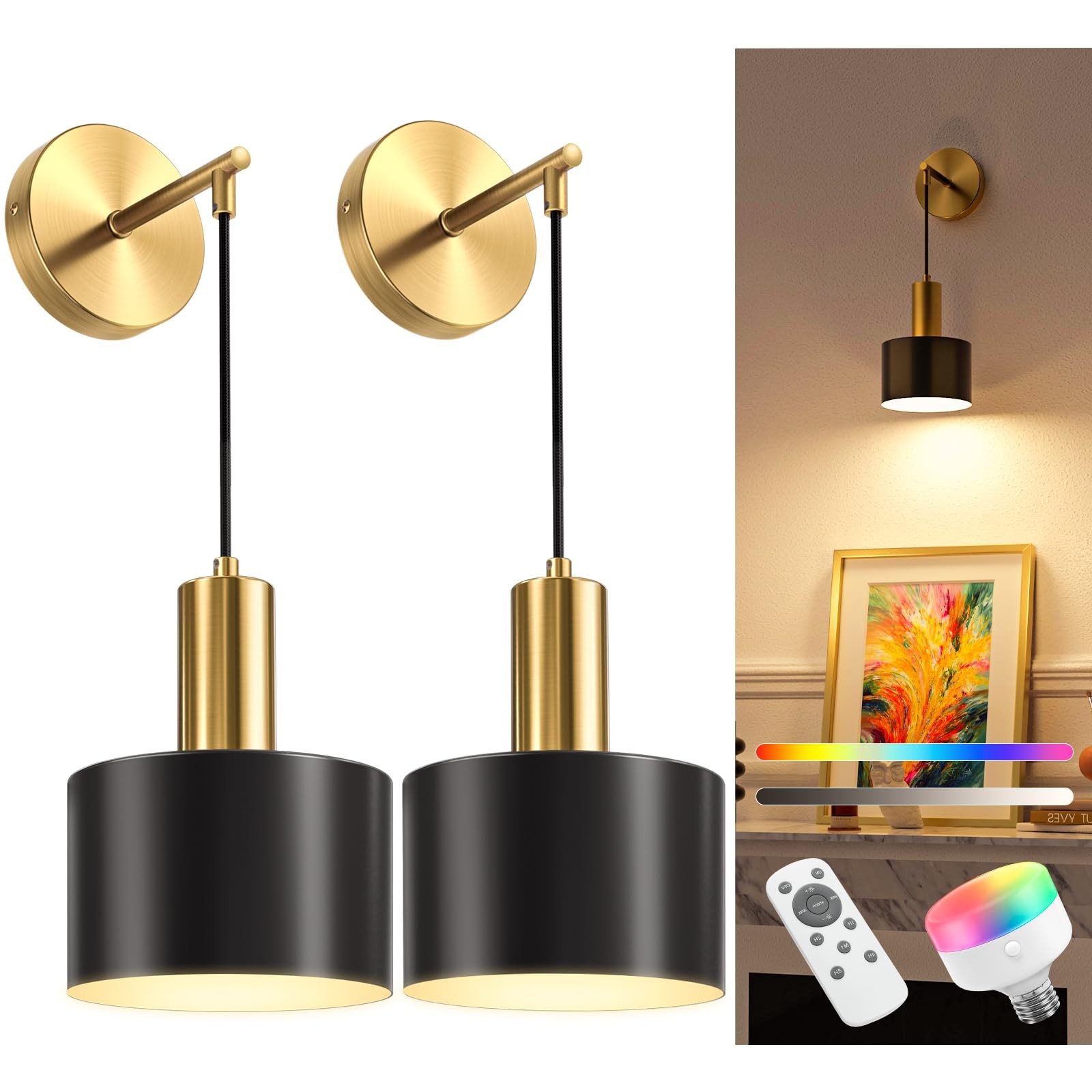 Battery Operated Wall Sconce Set of 2, Gold & Black Wireless Rechargeable Wal…
