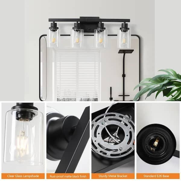 Tidoin 24.4 in. 4-Light Black Bathroom Vanity Light with Clear Glass Shades