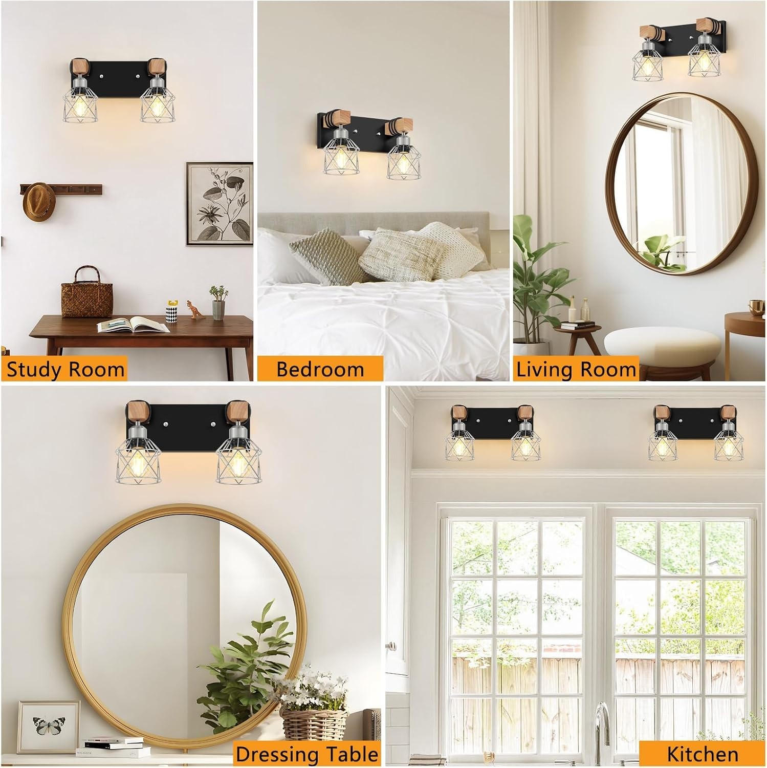 Farmhouse Bathroom Light Fixtures, Rustic 2-Light Wood Vanity Lights for Bath…