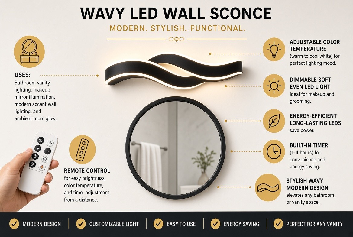 Sleek LED Vanity Light with Remote, 40.5″ Black Wall Sconce for Bathroom & Bedro