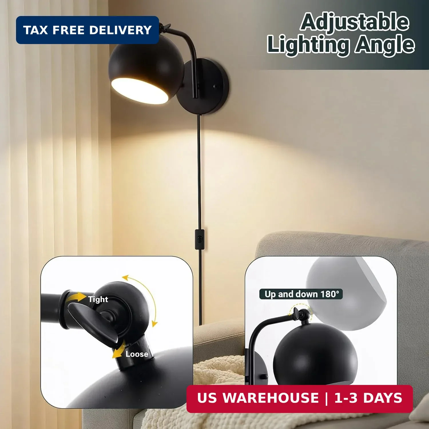 Plug in Wall Sconces Set of 2, Adjustable Angle Black Wall Lights with Plug in C