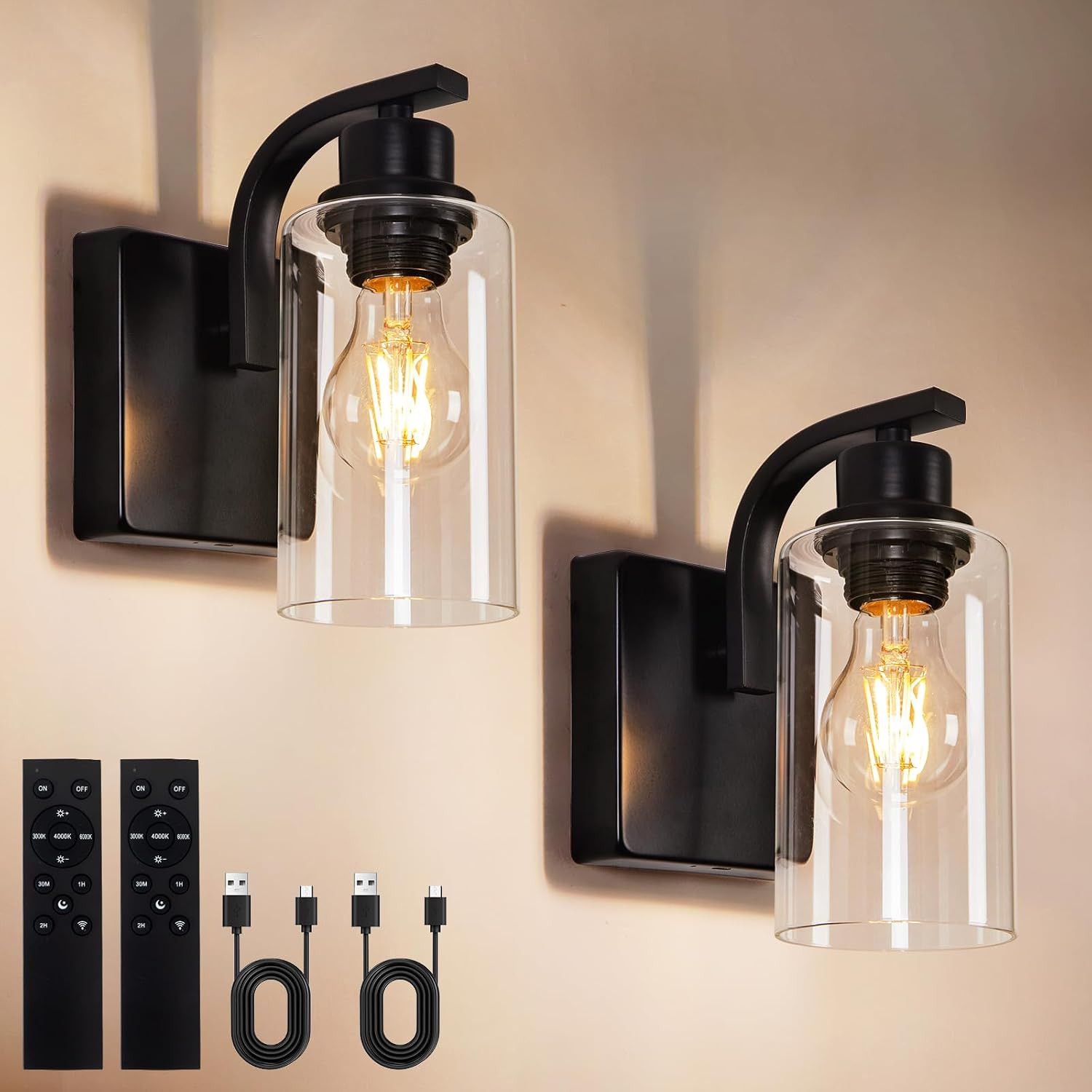 Modern Wall Sconces with Remote – Set of 2 Clear Glass LED Vanity Lights