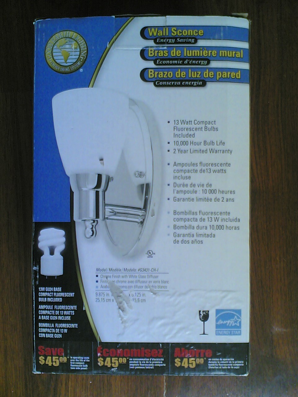NIB Nice 1-Lite Energy-Efficient Fluorescent SCONCE Wall LIGHT (chrome)