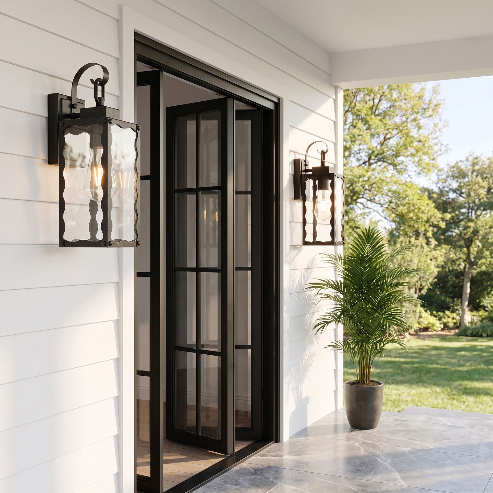 2 Pack 15″ Outdoor Black Wall Light Glass Porch Exterior Mount Sconce Fixture