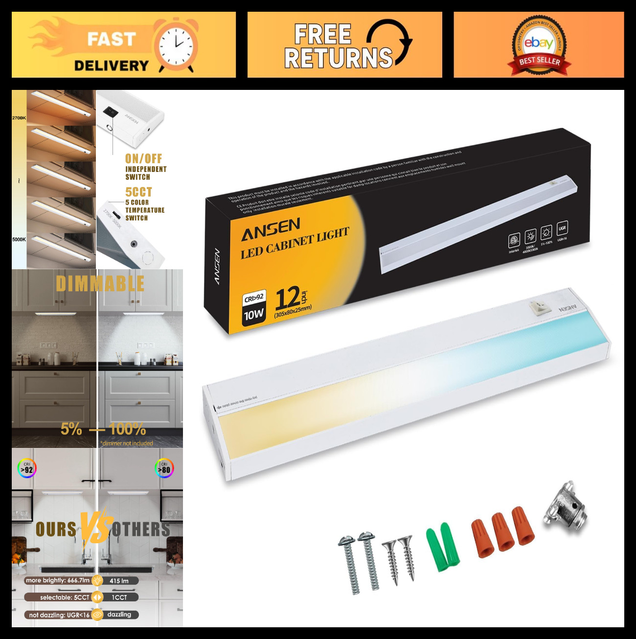 Dimmable 10W LED Under Cabinet Lighting – 12in, 666.7lm, 5 Color Temps, Kitchen/