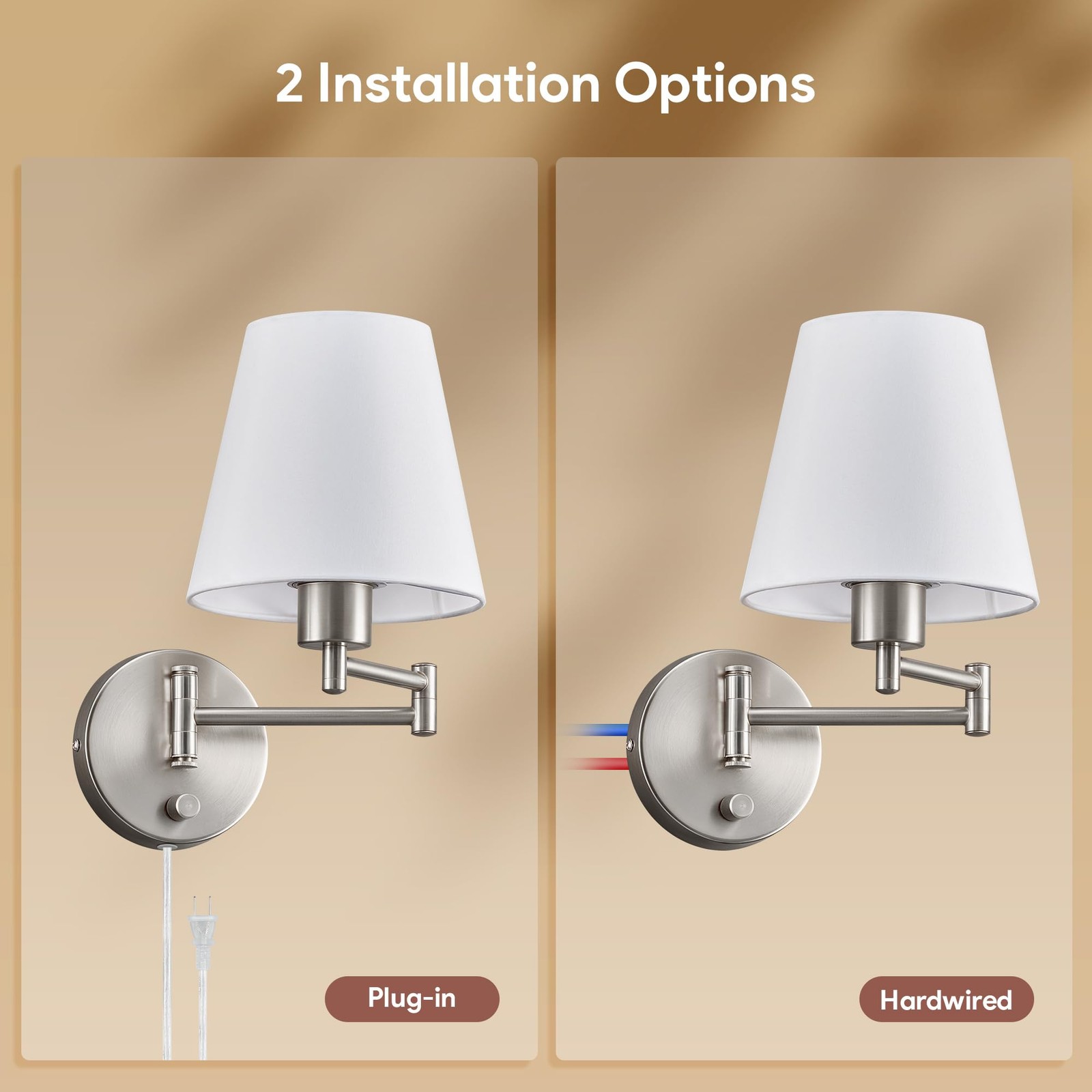 VONLUCE Modern Adjustable Swing Arm Wall Lamp Brushed Nickel, Plug-in Wall Sc…