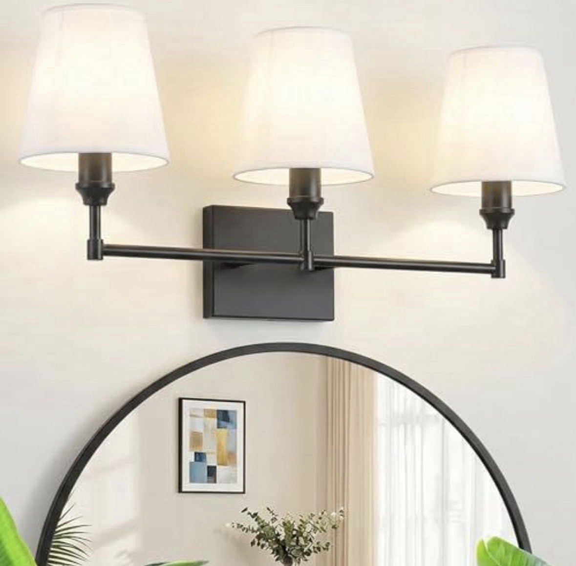 3 LIGHT BLACK BATHROOM VANITY LIGHT WHITE FABRIC SHADES WALL SCONCE NEW