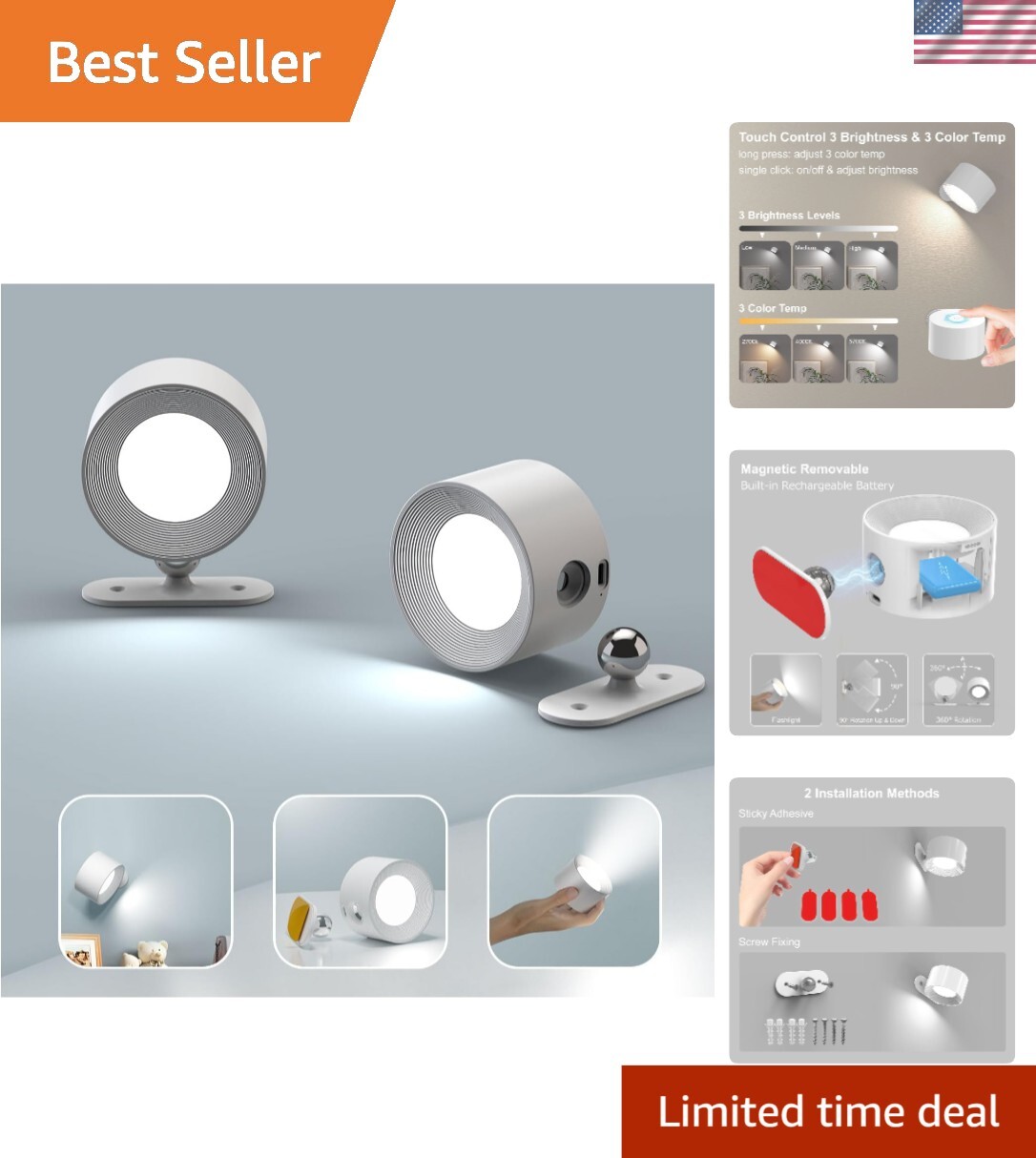2-Pack Rechargeable LED Wall Lamps – Cordless, Touch Control, 3 Brightness Modes