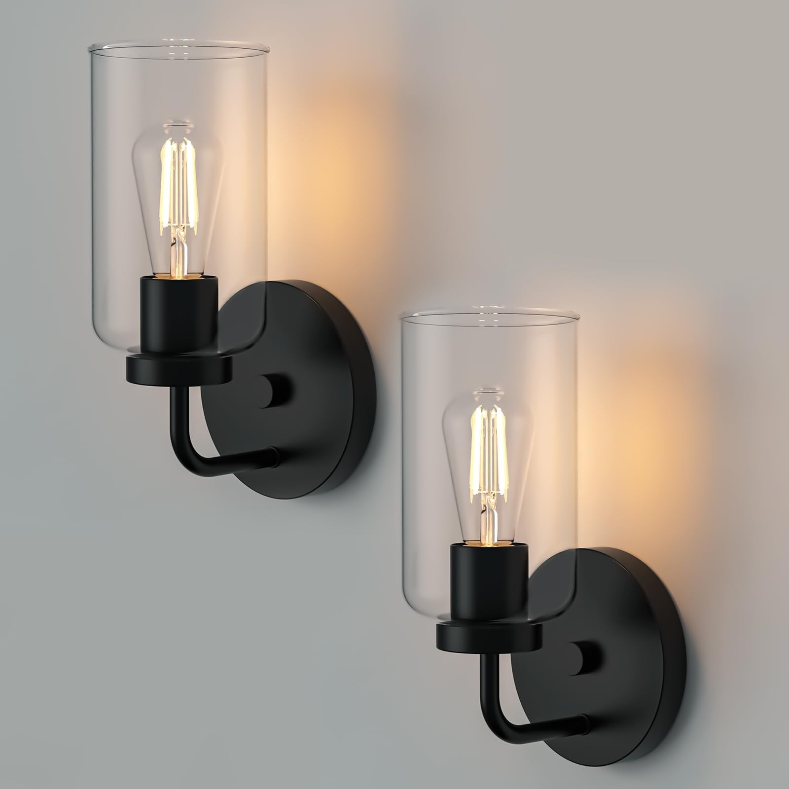 Modern Matte Black Wall Sconces Set of 2 with Clear Glass Shade