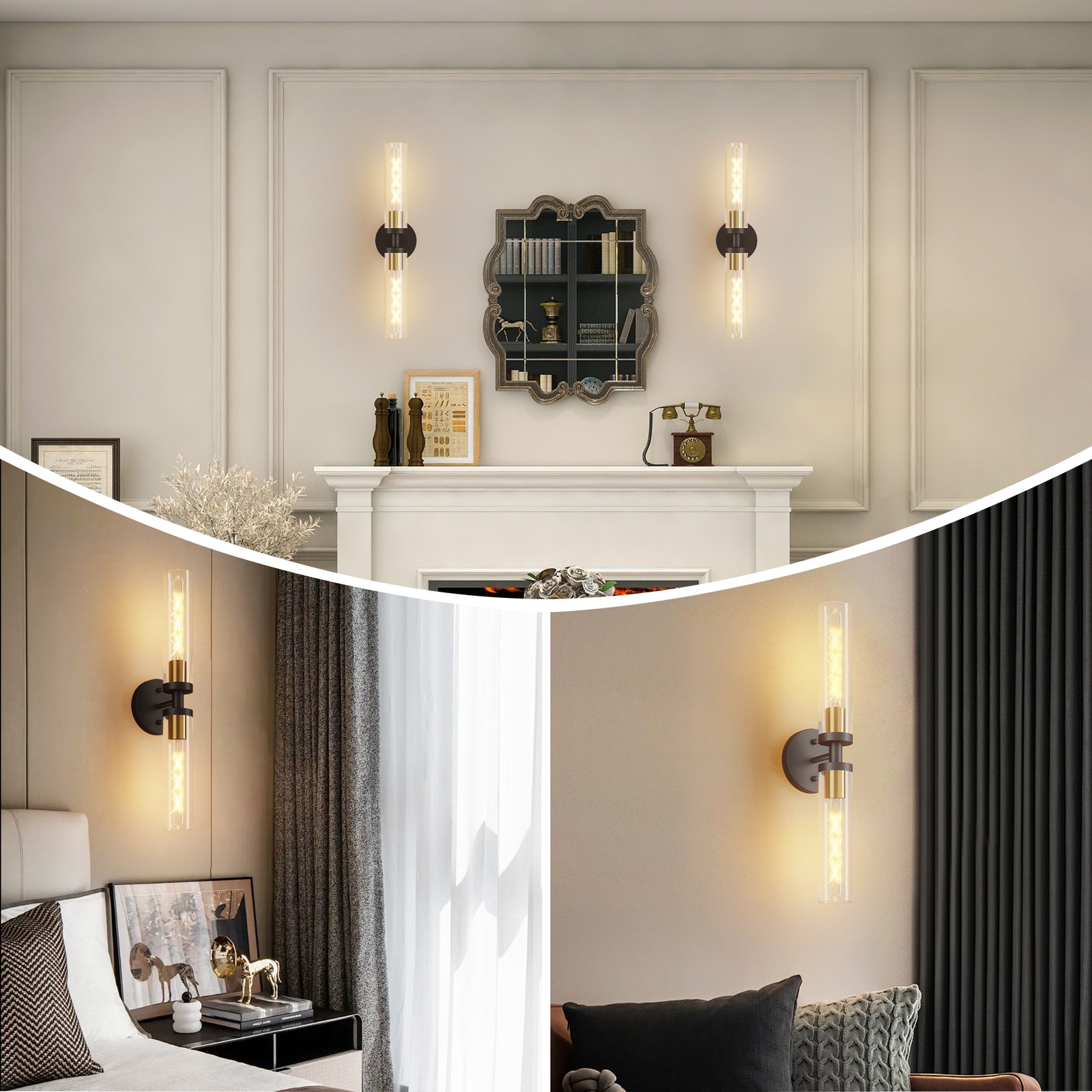 2Pcs 12″ Modern Wall Light Black Gold LED Sconce Glass Shade Mirror Lamp Fixture
