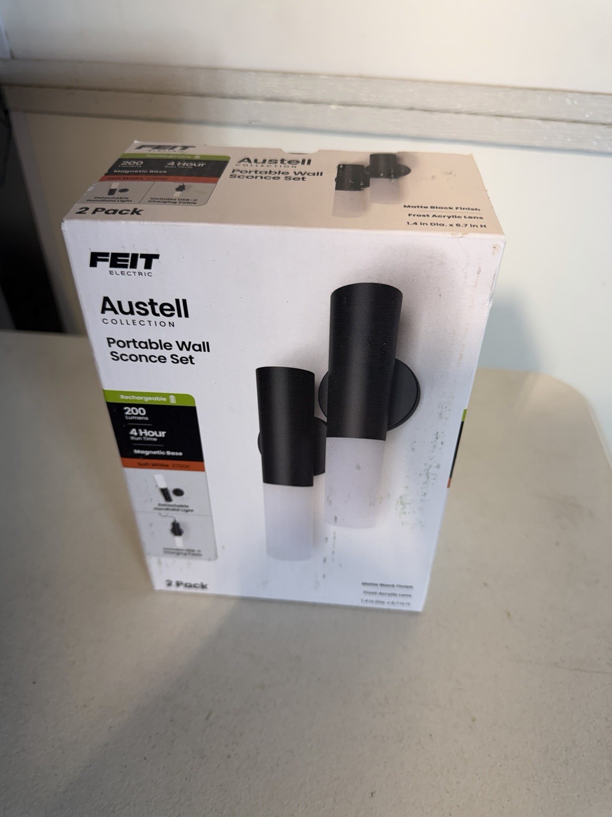 Feit Electric WSR6/827/BK/2 Matte Black LED Wall Sconce Set, Battery-Powered (2