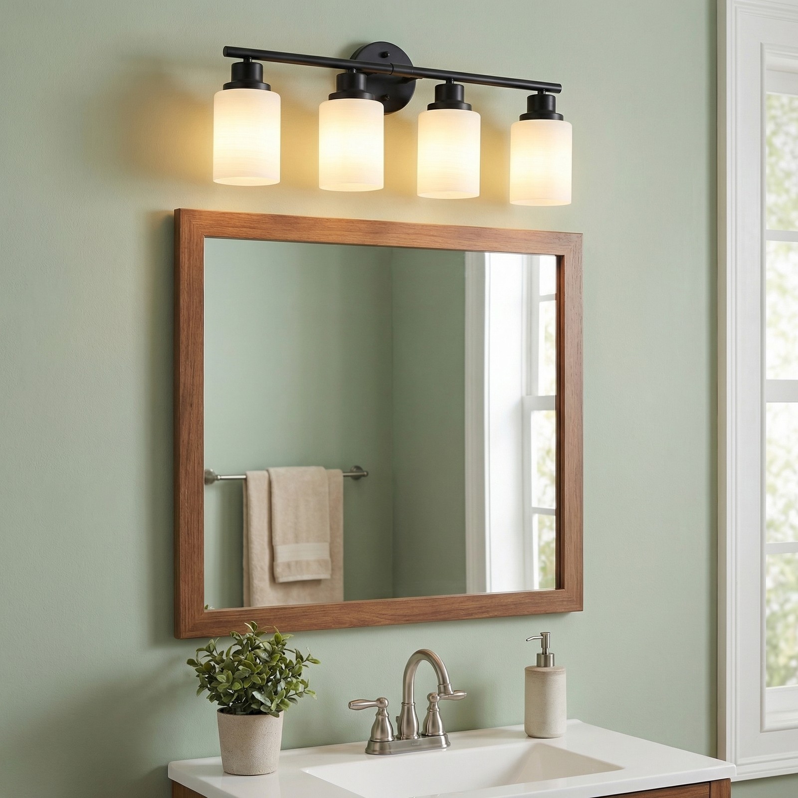 Vanity Light 24 inch Glass Shade Black 4-Lights Wall Fixture for Bathroom Mirror