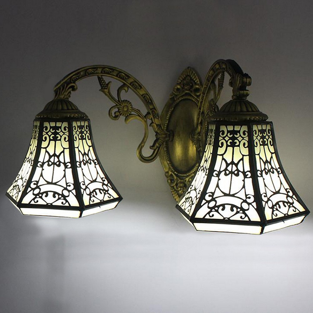 Vintage Tiffany Iron Wall Light Stained Glass Shade 2-Light Vanity Wall Sconce