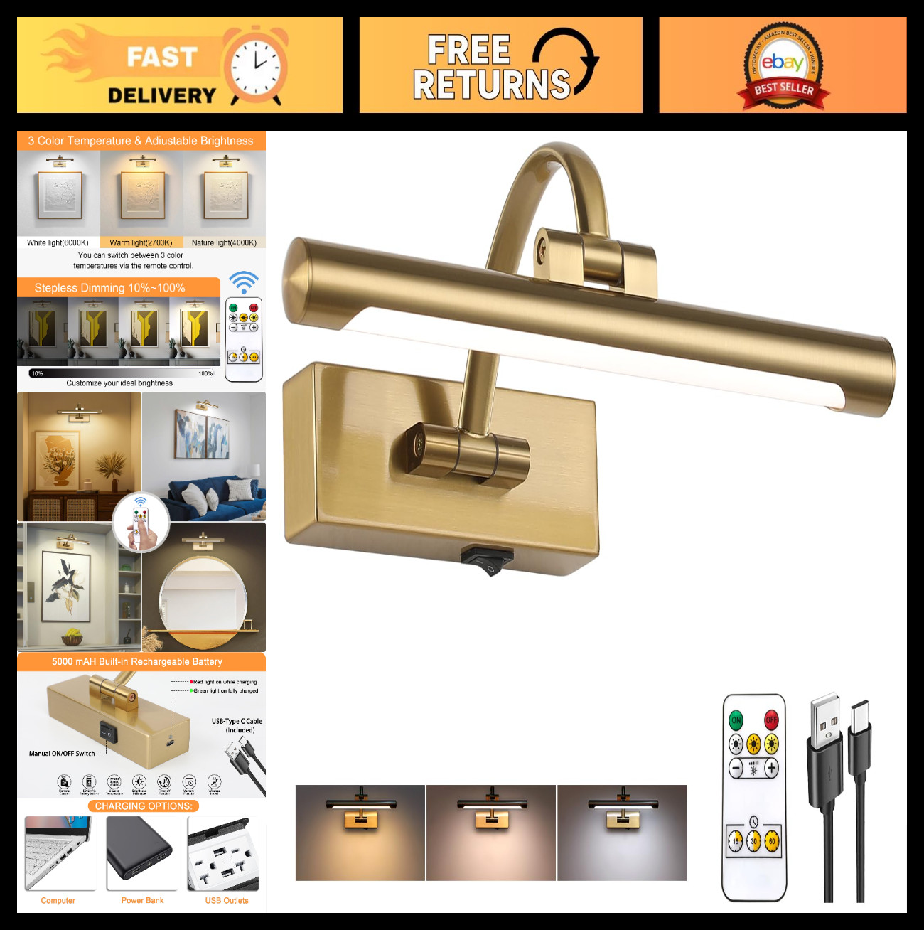 Wireless Rechargeable Picture Light with Remote, 12″ Adjustable Brass Art Lighti