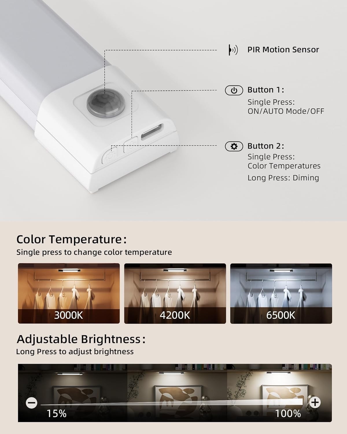 Closet Lights Wireless Under Cabinet 30 LED Rechargeable Motion Sensor 3 Pack